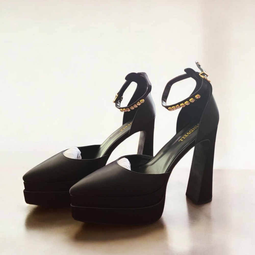 Findvell Chunky Black Satin Platform Rhinestone Strap Block Heel Women's Size 11